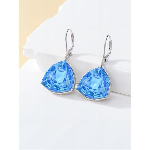 Sterling Silver Aquamarine Geometric Birthstone Dangle Drop Earring Jewelry - Picture 5 of 5